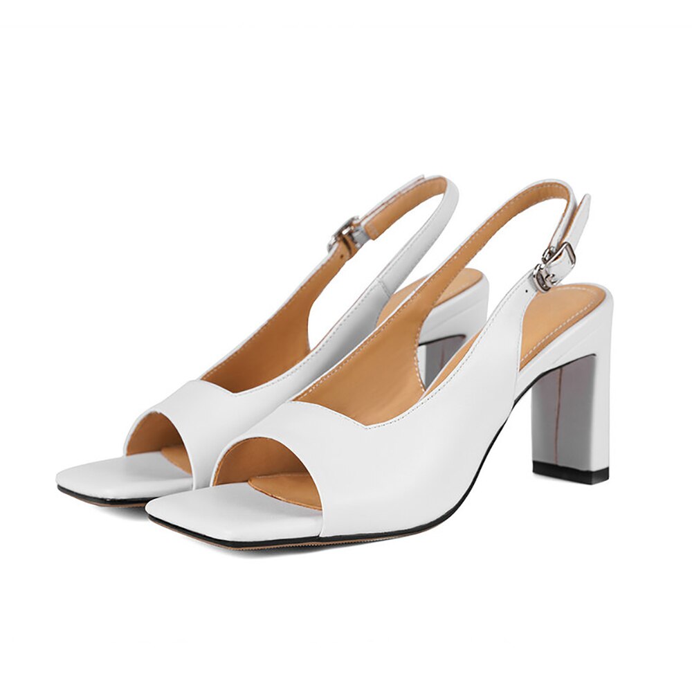 WETKISS – sandales à talons hauts et épais pour femme, chaussures de soirée, en cuir de vache, avec boucle, bout carré ouvert, été,: white / 8.5
