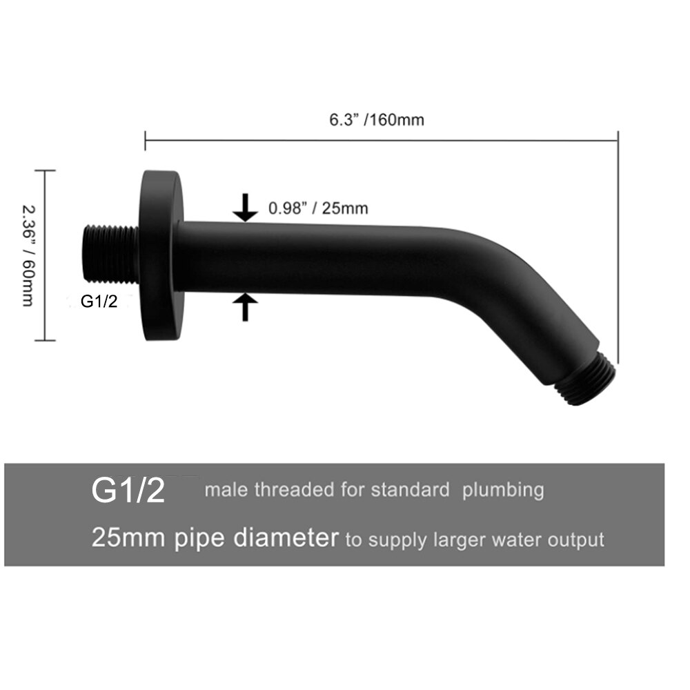 6 Inch Shower Arm and Flange - Solid Brass Wall Mounted Shower Arm Replacement for Fixed Shower Head, Matte Black