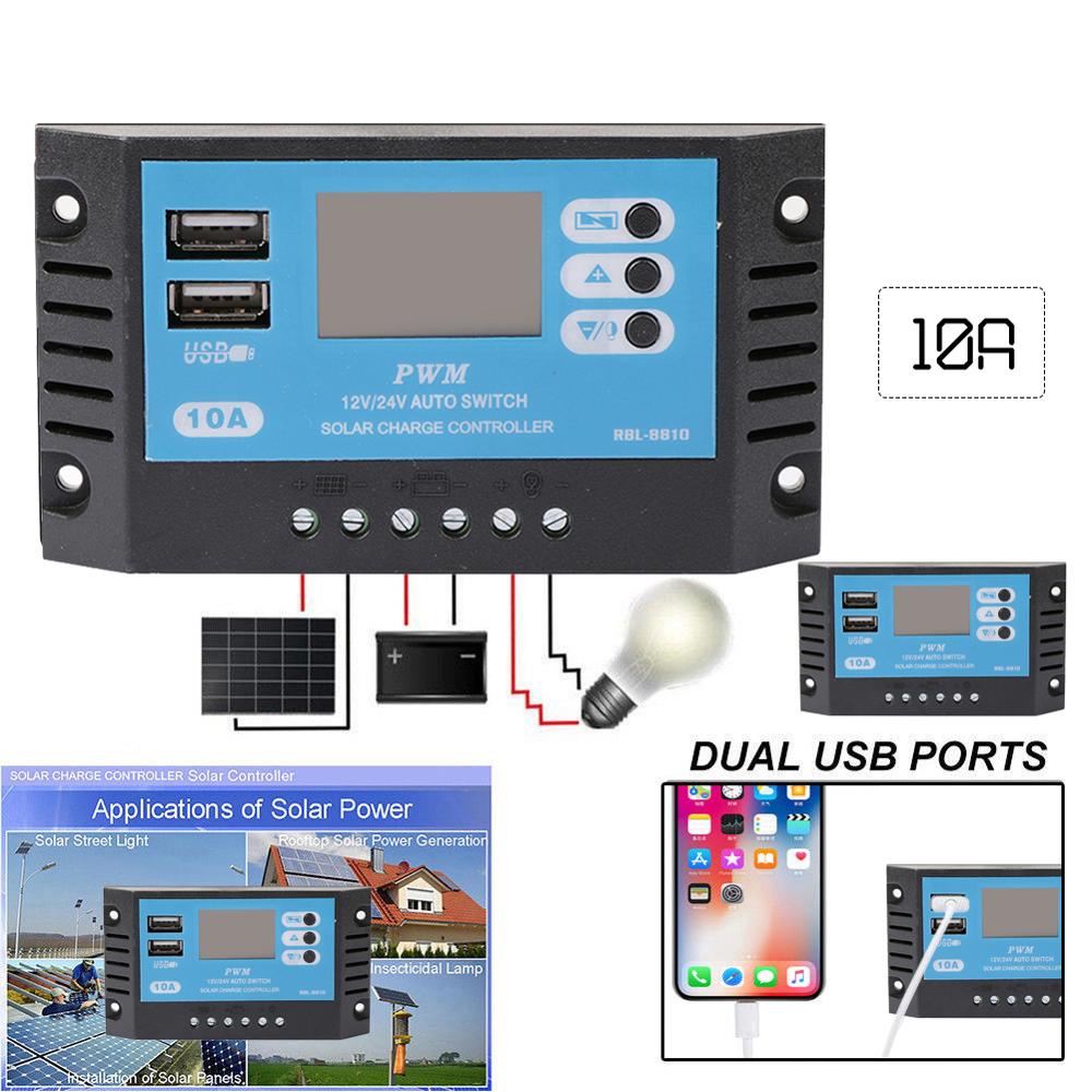Pantalla LCD 10A PWM controlador de carga Solar protección de sobrecarga cargador de Panel Solar USB Dual 12 V/24 V