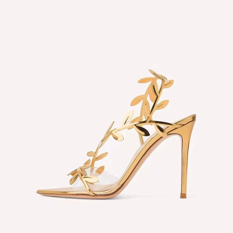 Summer Patent Leather Gold Leaf Women Sandals Pointed toe Thin High heels Gladiator Sandalias Party Shoes: 41