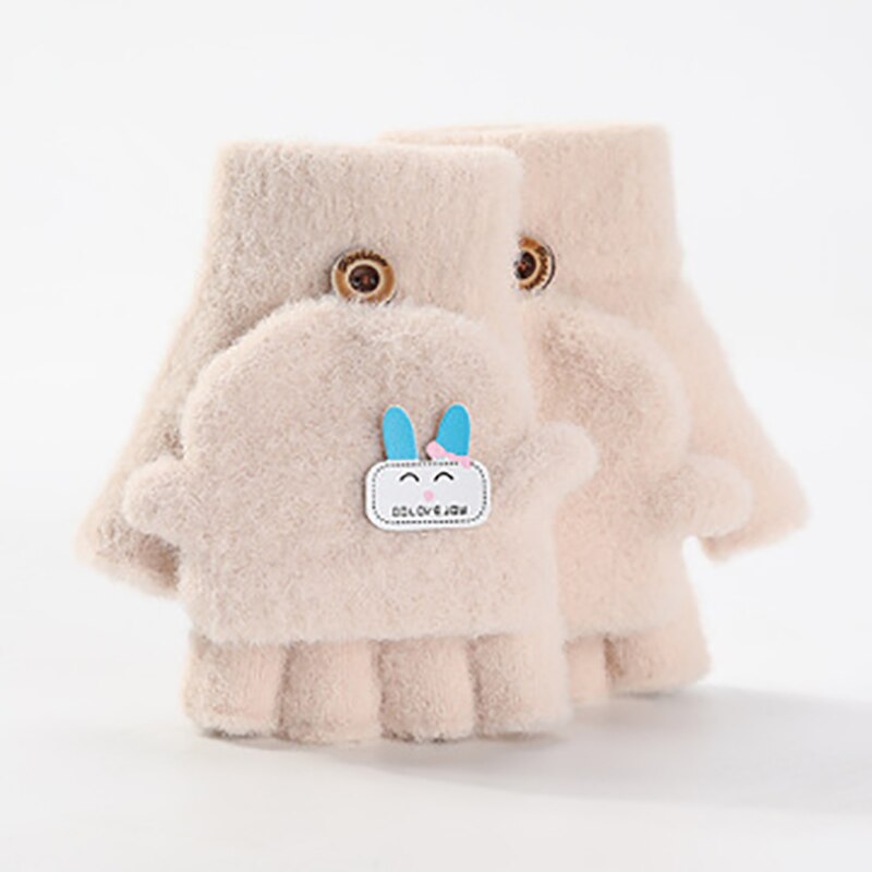 3-6 Jaar Baby Cartoon Handschoenen Winter Kids Half Vinger Flip Cover Wanten Kinderen Herfst Jongens Meisje Winddicht Warm leuke Handschoen: beige