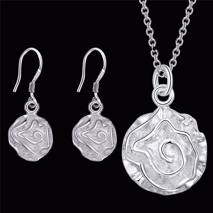 Conjuntos de joyería de de color plateado, collar, pendientes, flor, rosa, 18 pulgadas, para mujer, , venta directa de fábrica