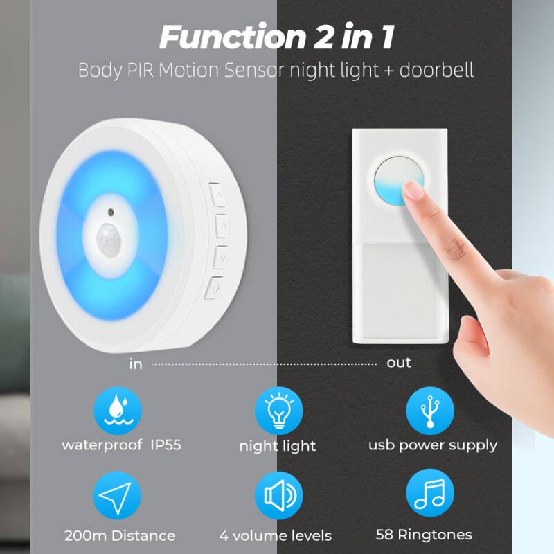 IP55 USB LED Powered Waterproof Wireless Smart PIR Motion Sensor DoorBell Night Light High Range Of 200 M Home Outdoor Decor