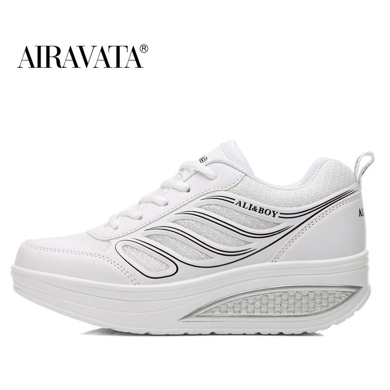 Senhoras respirável sapatos casuais rendas até fitness shake sapatos plataforma sapatos de caminhada: WHITE / 39