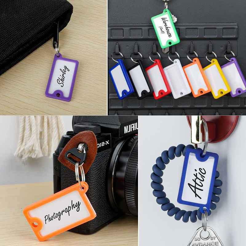 10-50 Uds etiquetas para llaves 4,3x2,5 cm etiquetas para llavero de plástico con etiquetas de papel en blanco cubiertas transparentes y anillos divididos para llaveros DIY