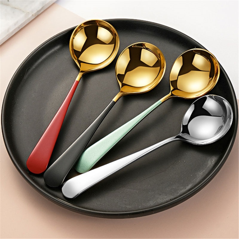 Cucharas de café elegantes de acero inoxidable para postre, utensilios de cocina, cucharas redondas de , 5 colores, 1 Uds.