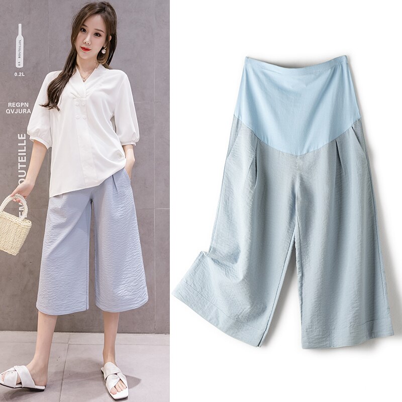 Sommar gravida kvinnor bomull och linne vidbenta byxor lösa enfärgade byxor för gravidmage lösa casual culottes