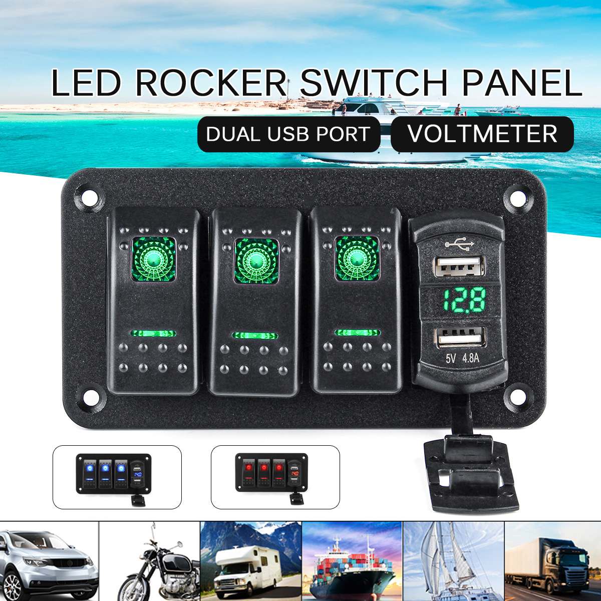 4 Gang LED Rocker Switch Panel Digital Voltmeter Dual USB Port 12V / 24V Outlet Combination Waterproof Car Marine Boat