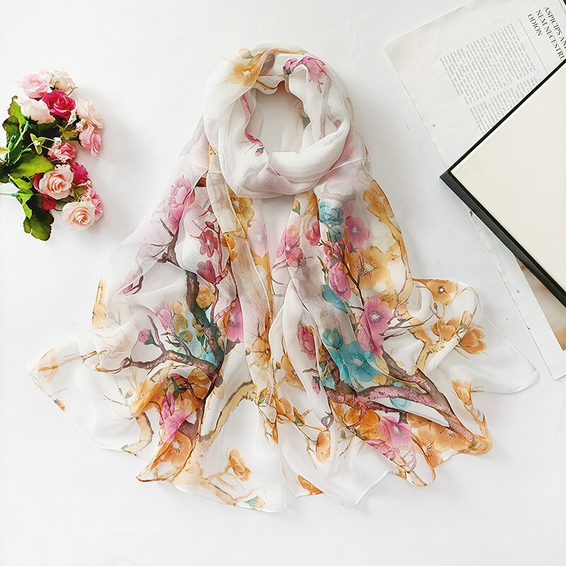 Mode Zon Zijden Sjaal Vrouwen Bloem Georgette Bandana Elegante Zee Strand Shawl Soft Hijab Lange Dunne Zijden Sjaal: 7