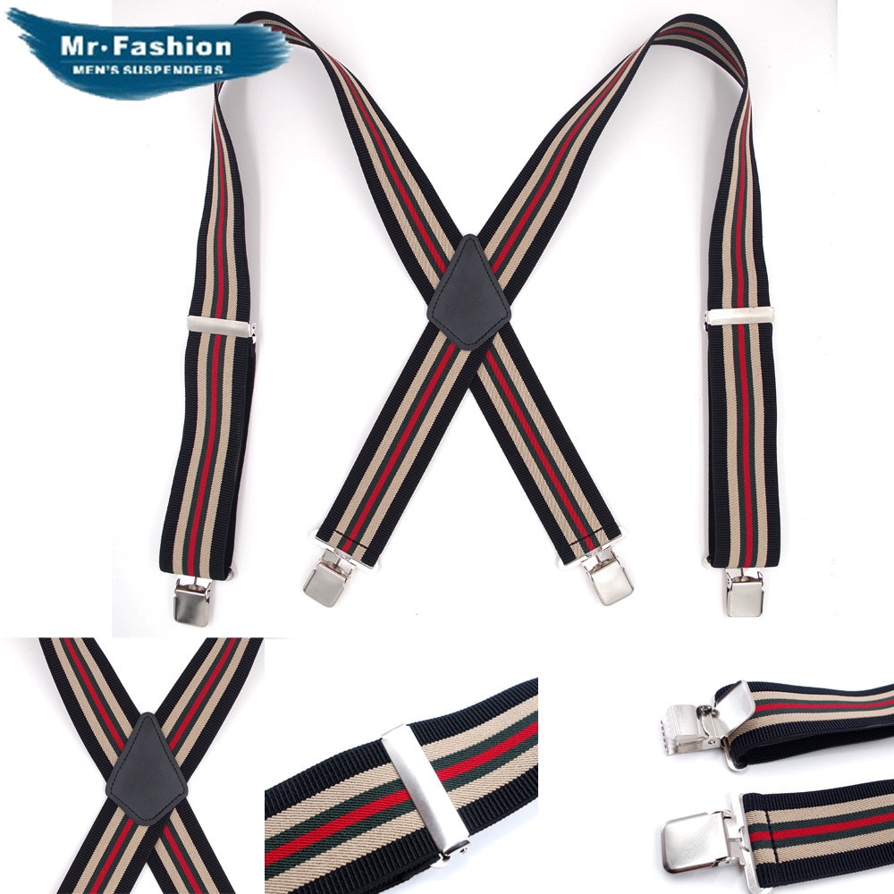 Volwassen Mannen Lange Vier-Clip Band 5 Cm Gestreepte Broek Schouderriem Elastische Elastische Broek Bretels