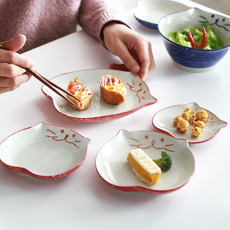 Japansk tecknad söt katt keramik soppskål handmålad porslin ris nudelskål middag dessert biff sallad tallrik servis