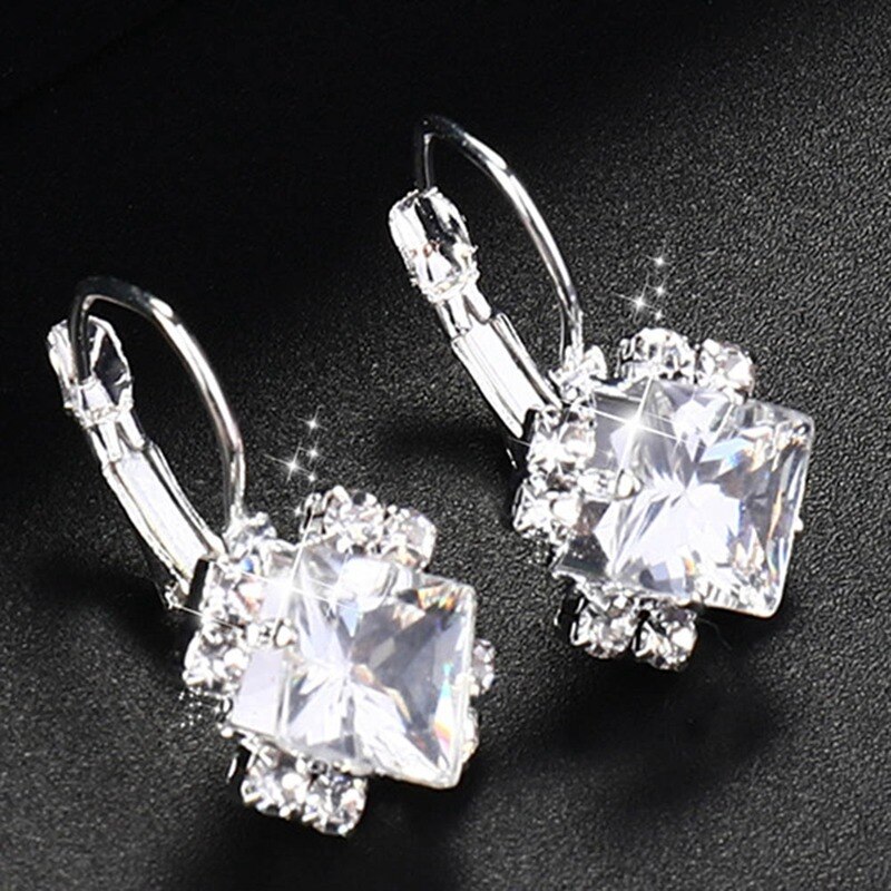 Silver Color Square Earrings Purple Red Blue Black Austrian Crystal Rhinestone Earring For Women Wedding Jewelry
