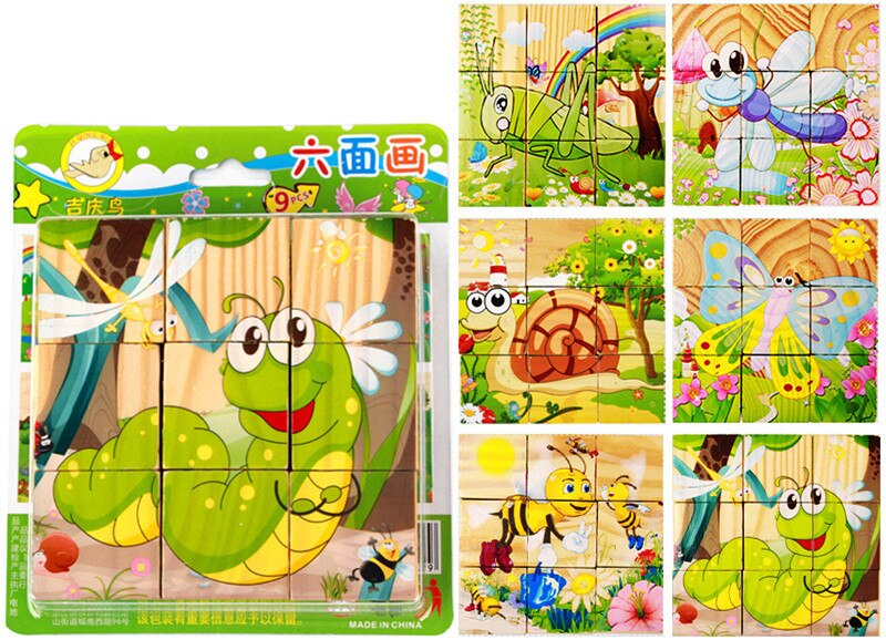 1PC Kinder Cartoon Holz Neun Blöcke Sechs-seitige Weisheit 3D Tier Würfel Puzzle Spielzeug für Kinder Bildungs baby Spielzeug: insects