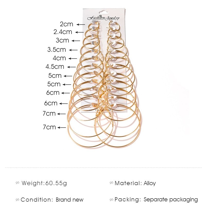 12-piece Earrings Set of Exaggerated Geometric Big Circle Earrings for Women Hollow Round Gold Silver Colour Small Ears Ring