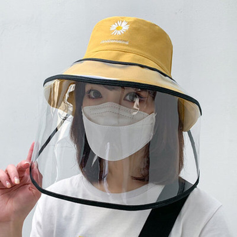Kpop vrouwen madeliefjes bescherming emmer hoeden vrouwelijke zonneklep afneembare transparante masker vissershoed met plastic schild