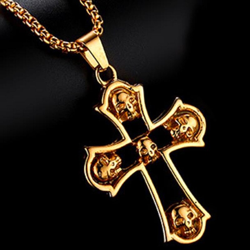 Hnsp kranium kors halskæde vedhæng til mænd guld sølv farve mandlige rustfrit stål kæde smykker: Guldkors