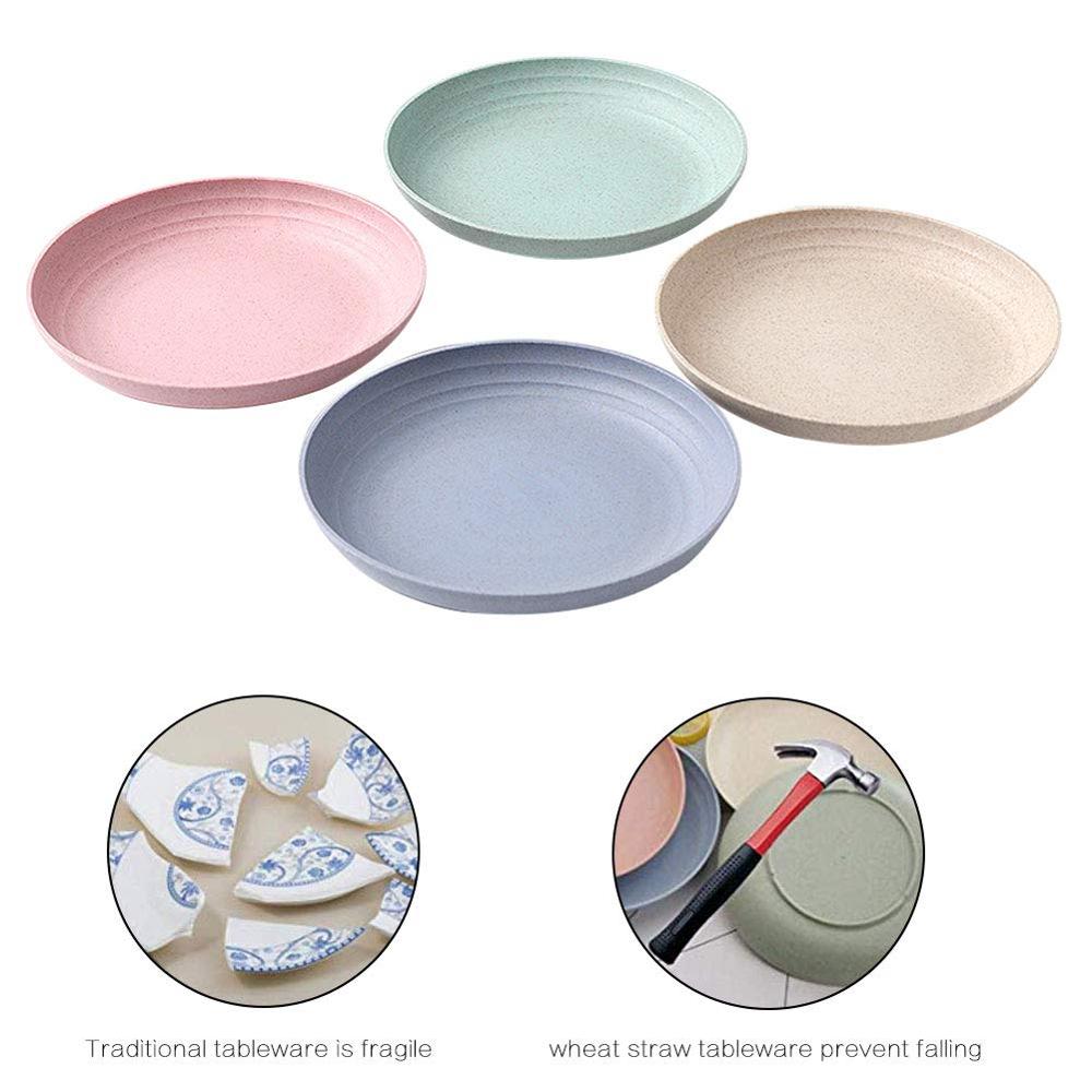 4 Pcs Round Four Color Wheat Straw Plate Dishwasher and Microwave Safe Easy Clean Tableware Plates for Candy Dessert Noodle