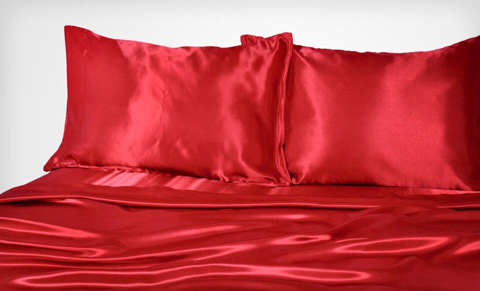 Luksus satin silke blød queensize seng monteret lagen sæt - rød sort 5