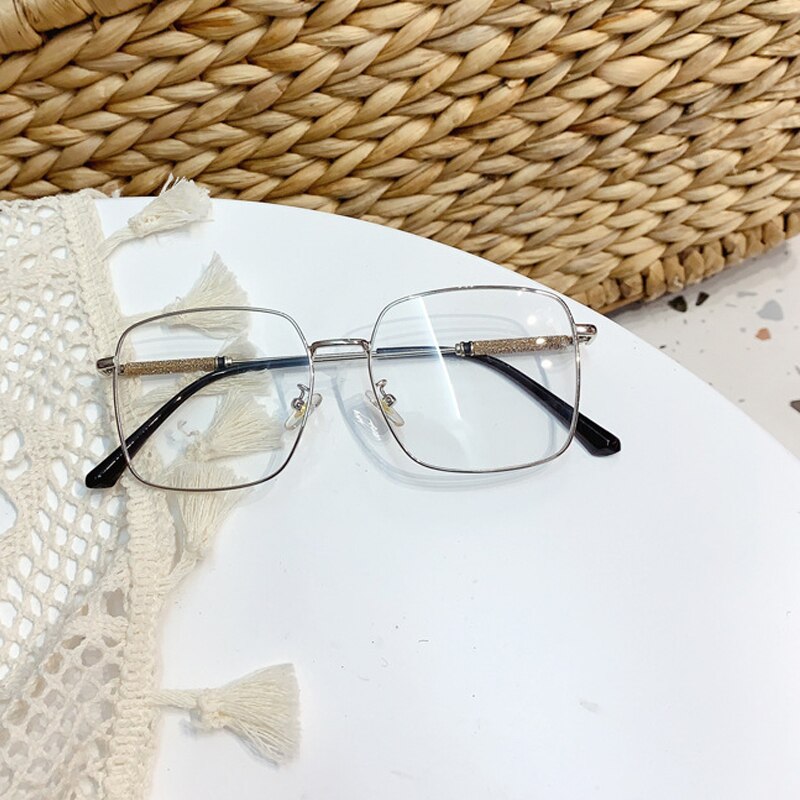Anti-blue light crystal shiny leg women's glasses alloy square pink gold eyeglasses female computer eyewear: silver clear