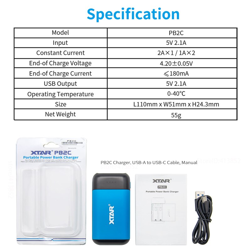XTAR 18650 Charger BLACK PB2C Battery Charger 5V2.1A INPUT ype-C Powered Power Bank Function Portable PB2C BATTERY CHARGER 18650