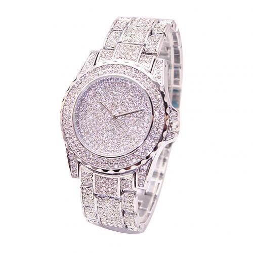 Luxe dameshorloge met volledig glanzend strass rond quartz uurwerk, armband met glanzend goudkleurig zilver, kersthorloges: Zilver