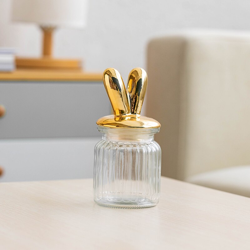 Transparent Glass Storage Jar Golden Ceramic Lid Cute Snack Tea Storage Food Grade Candy Jar Kitchen Storage Supplies: Bunny ears-S