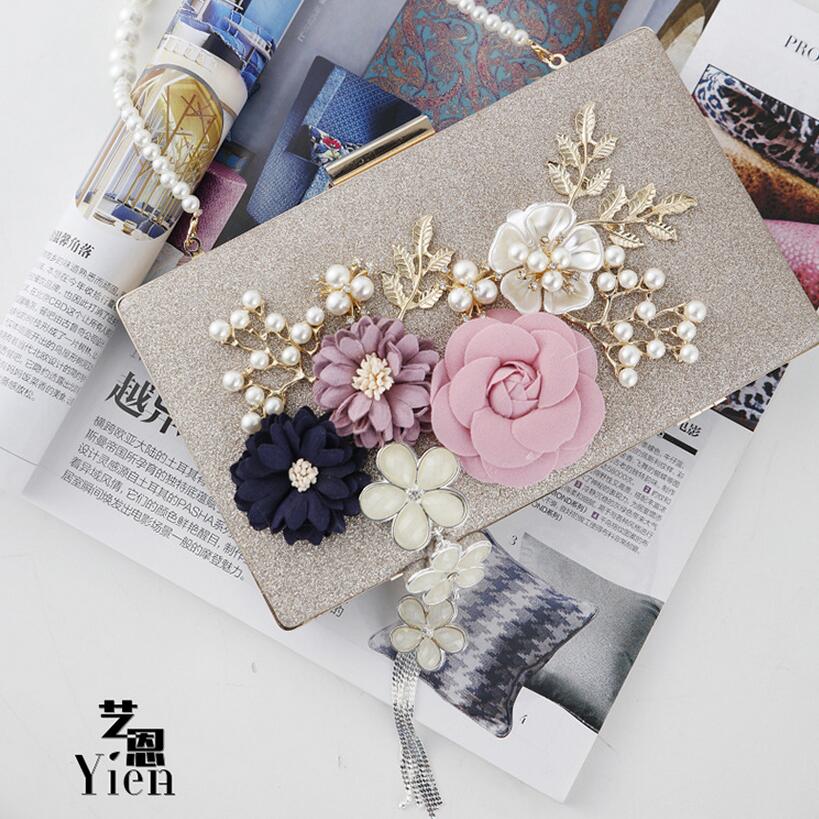 Håndlavede blomsteraftentasker bryllupskoblingstasker med perlekæde festtasker til damer  mn569: 2