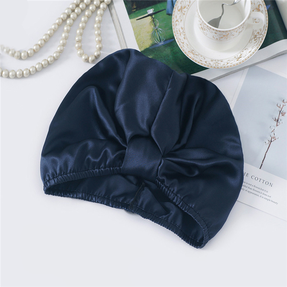 100% Mulberry Silk Sleeping Cap Night Silk Sleeping Bonnet Cover for Women with Elastic Ribbon for Hair Care Long Hair 19 Momme: navy