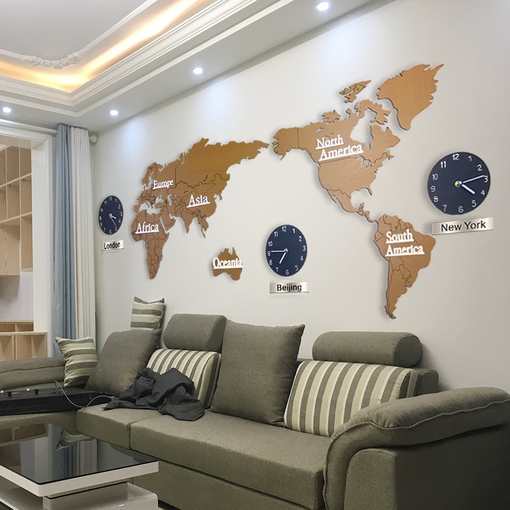 3D World Map Large Wall Clock DIY Wooden MDF Digital Wall Clock wood watch Modern European Style Round Mute relogio de parede