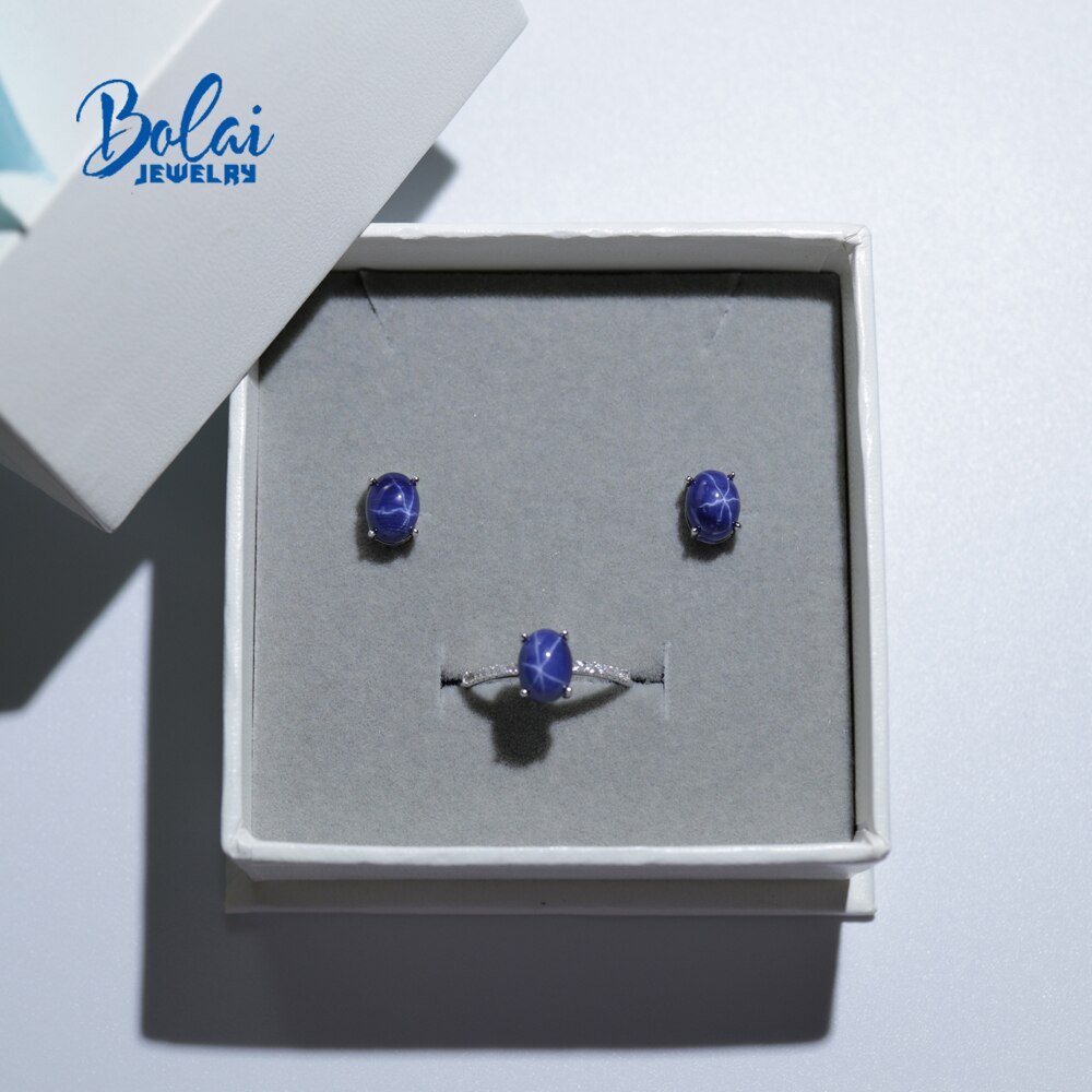 Created starlight sapphire jewelry set earrings and ring with 925 sterling silver fine jewelry for girl bolaijewelry