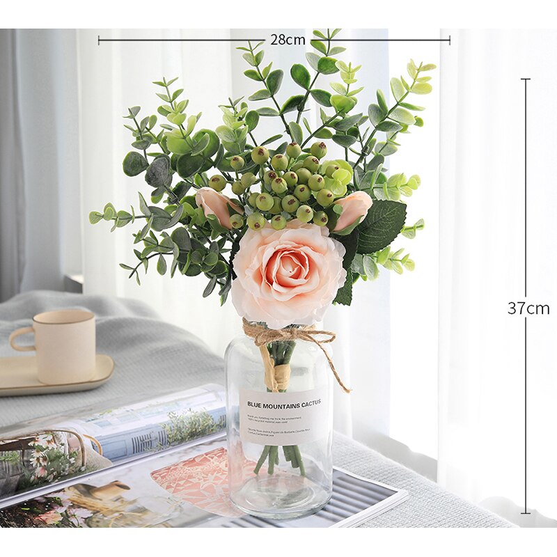 Artificial Roses Flower Bouquet Dining Table Wedding Home Wall Decoration Accessories Holding Flowers Valentine Day: Light powder 1 Pcs