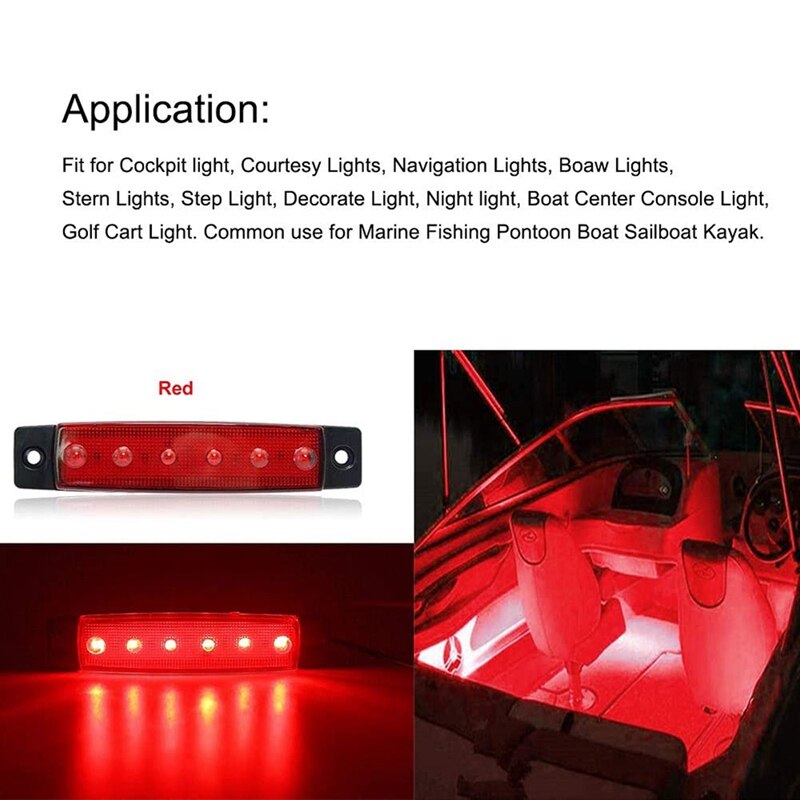 10PCS Marine Boat Lights 12V Waterproof Boat 6 LED Lights Kayak Lights for Boat Deck & Cockpit Decoration Light Red