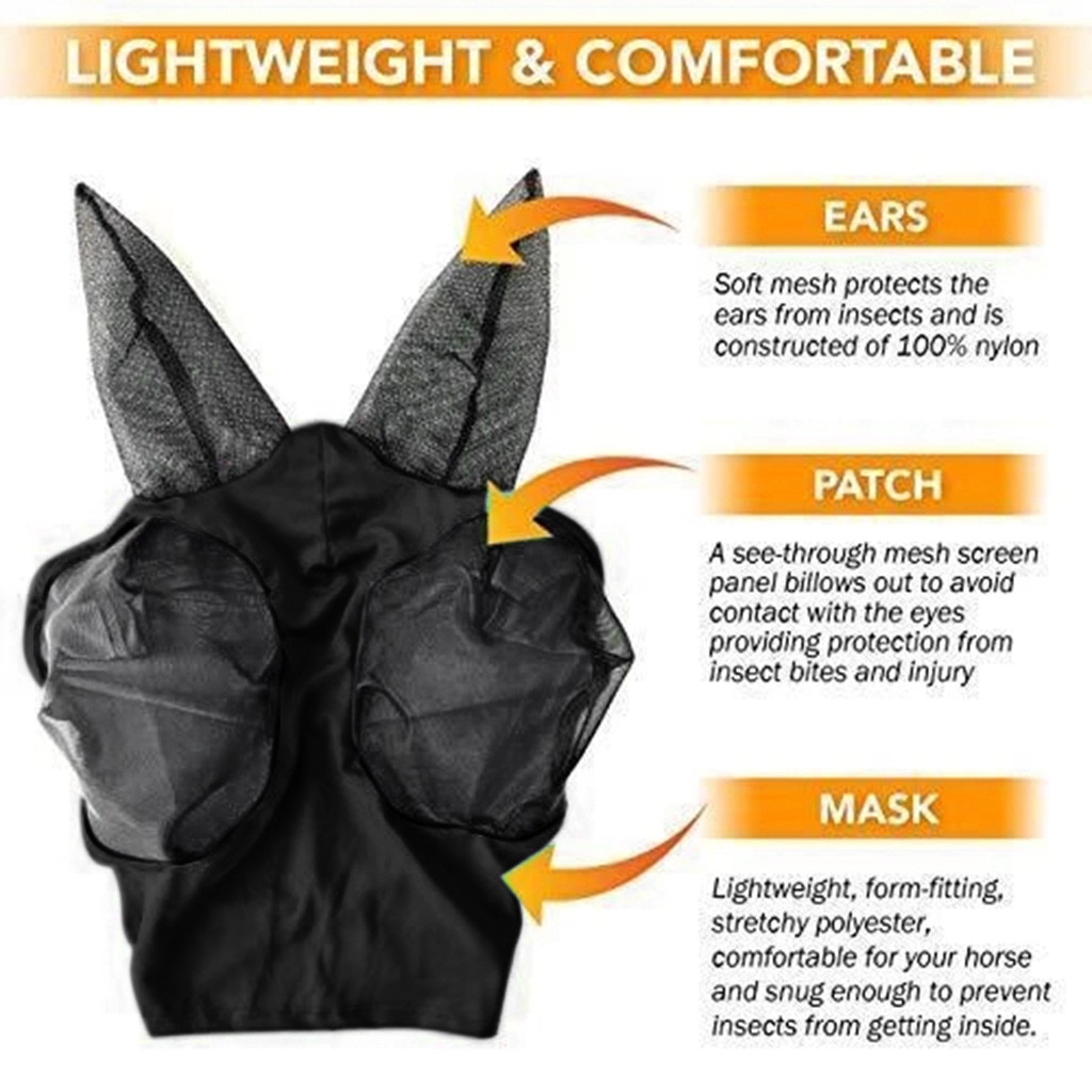 Anti-Fly Mesh Equine Mask Comfort Fit Fly Horse Mask Protects Eyes and Ears