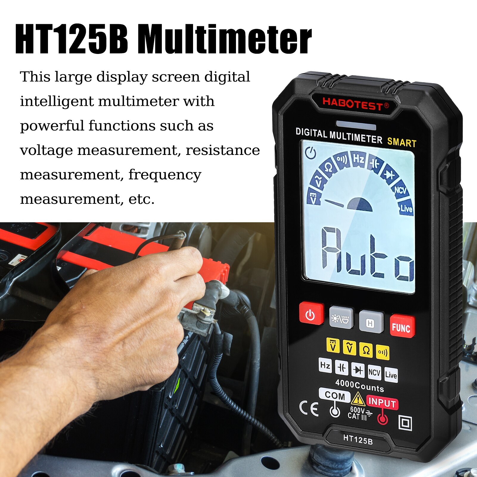 HT125B Smart Digital Multimeter 4000 Counts NCV DC / AC Voltage Resistance Frequency Diode Continuity Capacitance Measurement