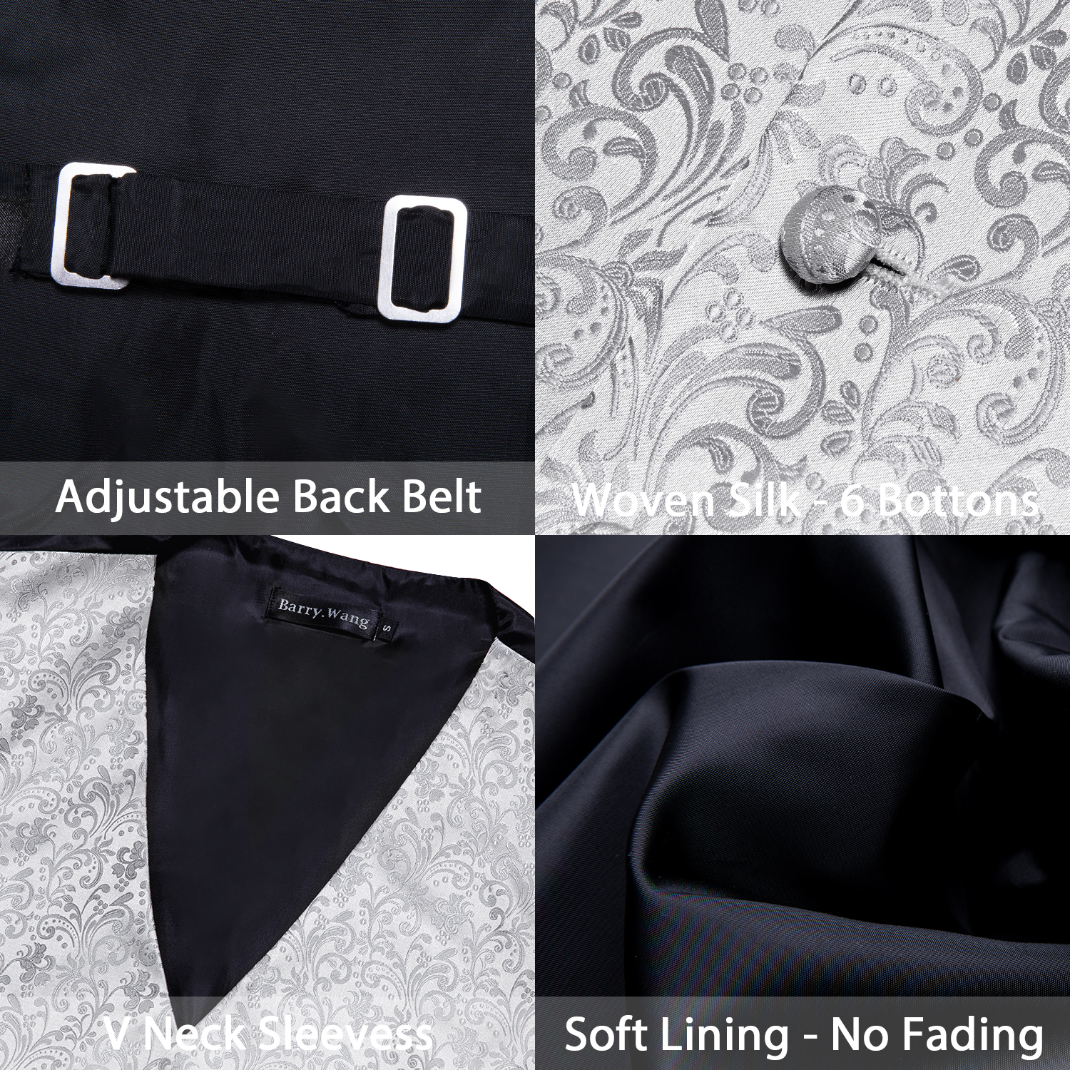Traje de boda de plata para hombre, chaleco Floral Jacquard Folral de seda, conjunto de traje, pañuelo, corbata, de Tony Wang