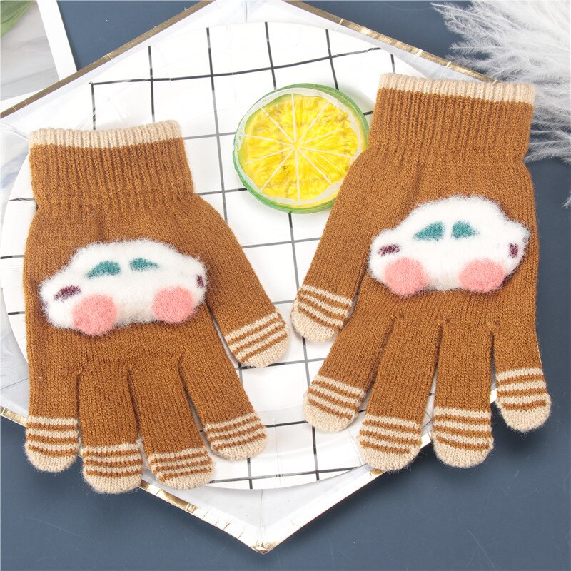 Baby Meisjes Handschoenen Volledige Vinger Voor Kinderen Cartoon Auto Wanten Warmer Kids Herfst Winter Handschoen School Jongen Wollen Gebreide Mitten: Brownish yellow