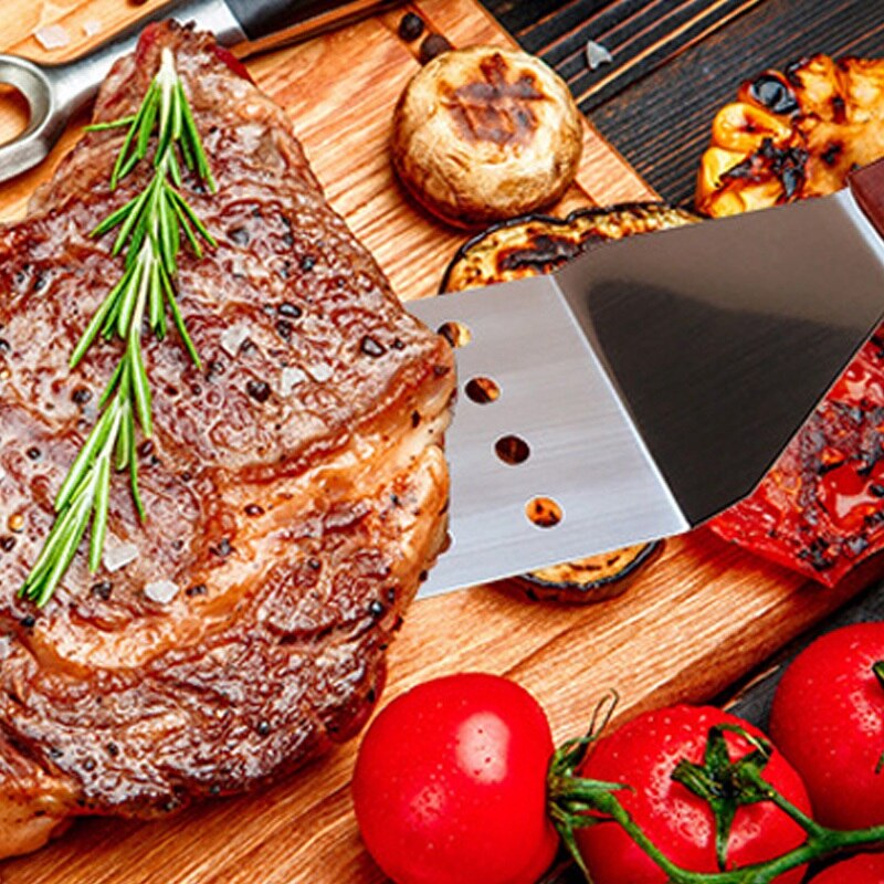 Metall spatel set  of 4,  rostfritt stål grillspatel skrapverktyg set med trähandtag, grill tillbehör kit för teppan