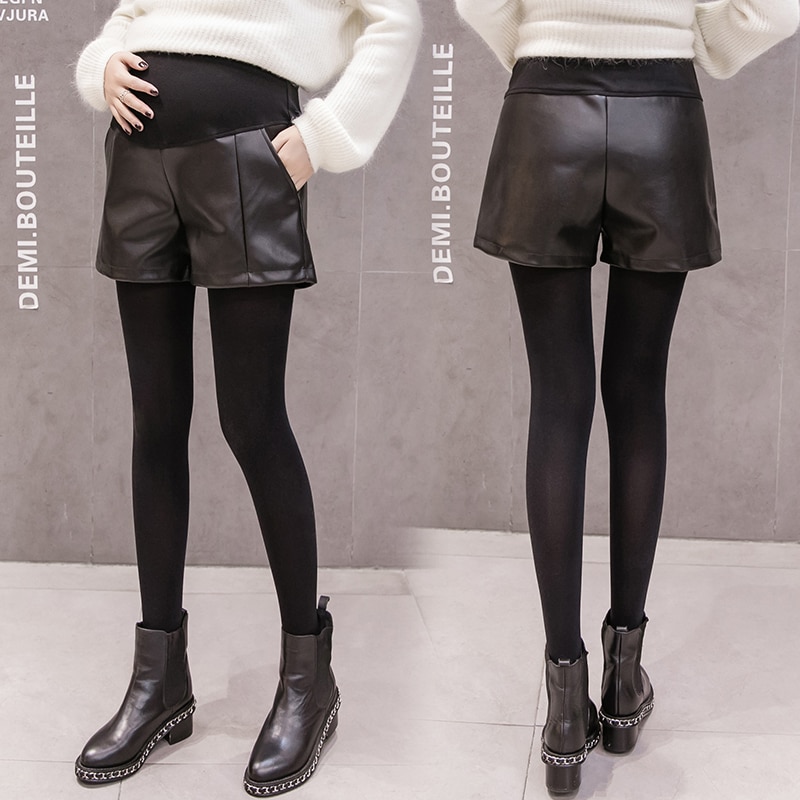 Pantalones cortos de maternidad de PU para mujeres embarazadas, Shorts de de otoño para invierno, vientre ajustable, pierna ancha, sueltos, color negro, n. ° 1079