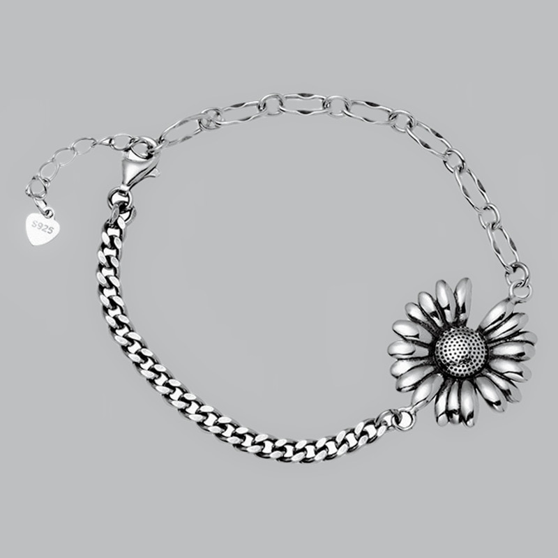 Plata de Ley 925 con estilo coreano Retro brazaletes de girasol las mujeres pulseras de cadena de eslabones de joyería al por mayor