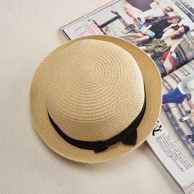 estilo sombrero Simple verano playa sombrero plano Casual corbata de lazo con borde de paja de sol sombrero capeu sombrero de paja de Sol de protección jazz: beige 2