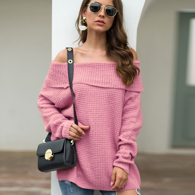 Off shoulder trøjer dame slash neck løs afslappet street wear ensfarvet tøj dame efterår vinter: Lyserød / Xl