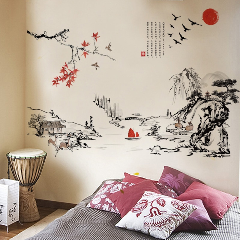 Chinese stijl Inkt schilderij landschap art Muurstickers woonkamer Slaapkamer achtergrond voor home decoratie Muurschildering Decals behang