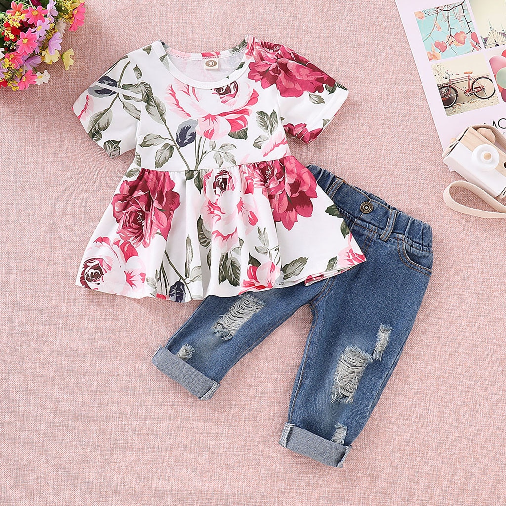 TELOTUNY abbigliamento Per Bambini Del Bambino di Modo Delle Ragazze Manica Corta Floreale Crop Magliette E Camicette + Del Foro Del Denim Dei Pantaloni Del Bambino Capretti Copre Gli Insiemi jun20: 80