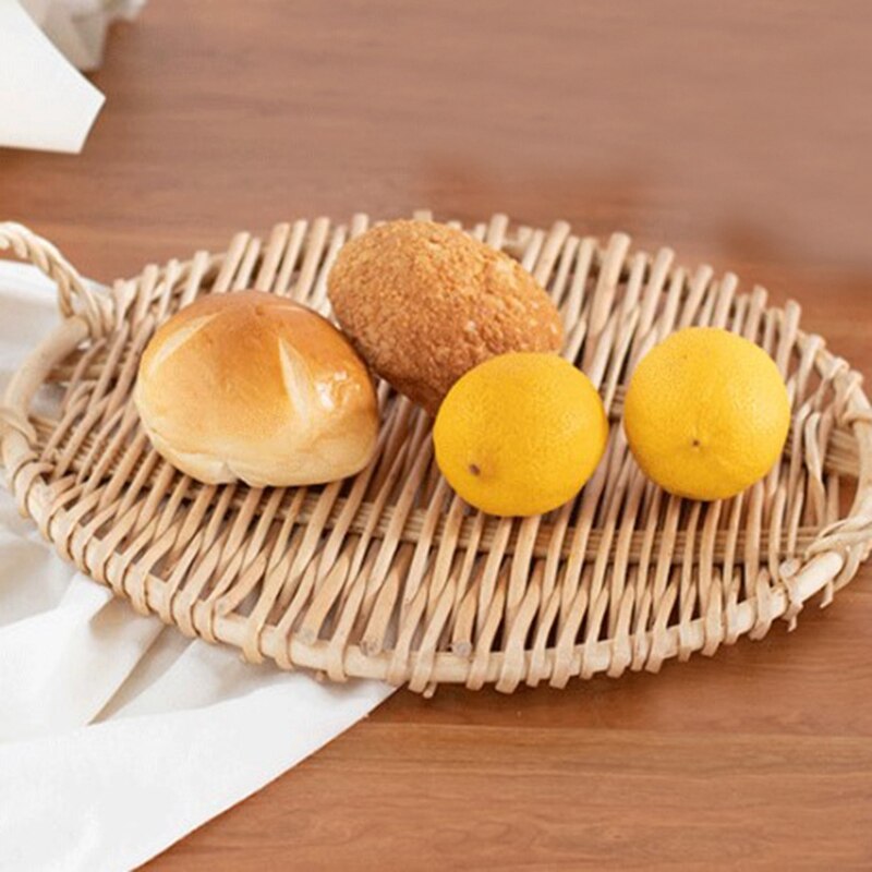 Best Rattan Round Fruit Tray with Handle Storage Tray Breakfast Table Storage Basket Pastoral Rattan Tray Bread Tray