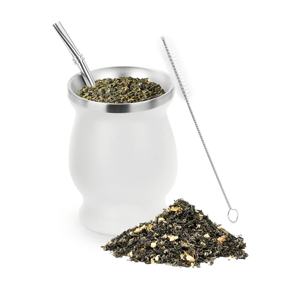 1 Set 230ML Bombilla Set Yerba Mate Gourd Stainless Steel Tea Cup with One Spoon and Brush Heat Insulation Anti Scalding: white set and spoon