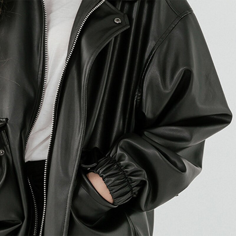 Lautaro veste en cuir surdimensionné femmes fermeture éclair manches longues col rabattu ample noir grande taille faux cuir vestes pour les femmes