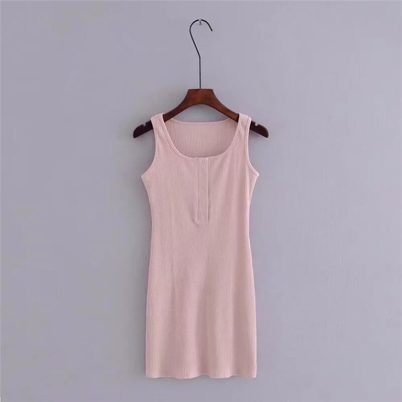 Ellacey Spring Summer Knitted Dress Female O-neck Button Brief Mini Dress Sleeveless Tank Sheath Bandage Dress: Pink / M