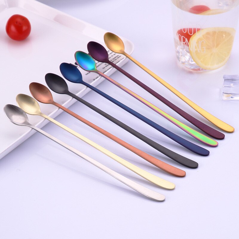 Colore arcobaleno caffè tè mescolare cucchiaio manico lungo gelato cucchiai da Dessert articoli per la tavola ecologici in acciaio inossidabile