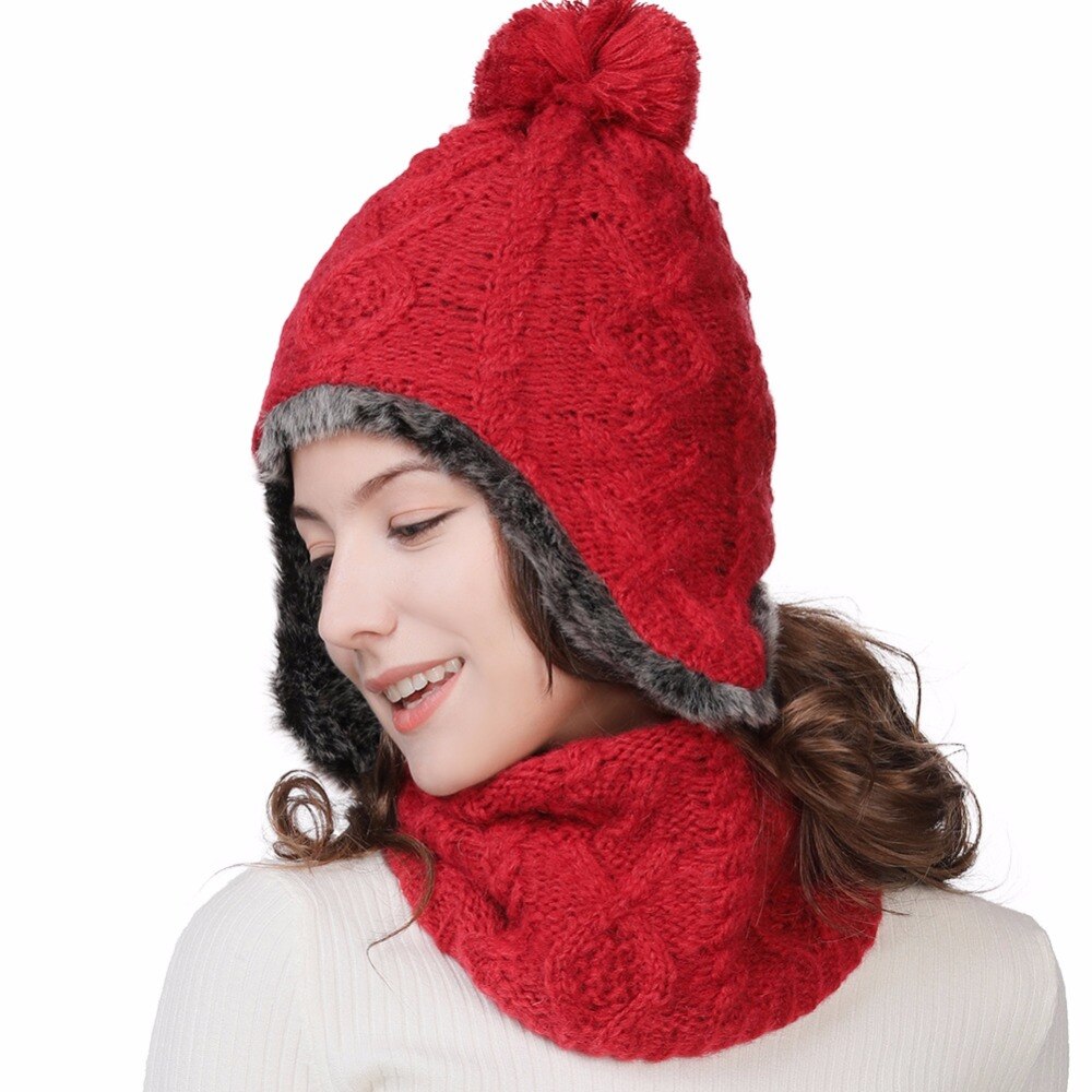 Fancet kvinder vinter bomber hat sæt varm uld blød pompon øreklap hatte solidt tørklæde balaclava søde afslappede kasketter hatte 89216