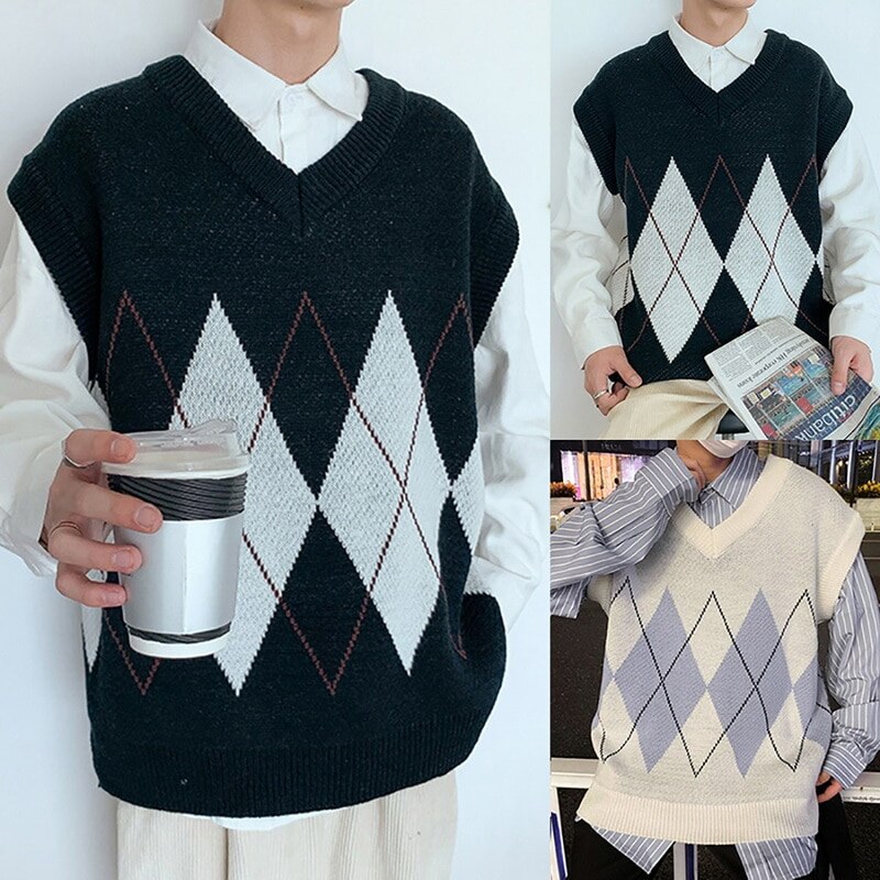 Suéteres sin mangas con cuello en V para hombre, retales con corte lateral, estilo pijo, Retro, ,